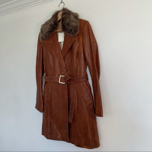 NWT June Cognac Leather Trench Coat - Picture 2 of 13